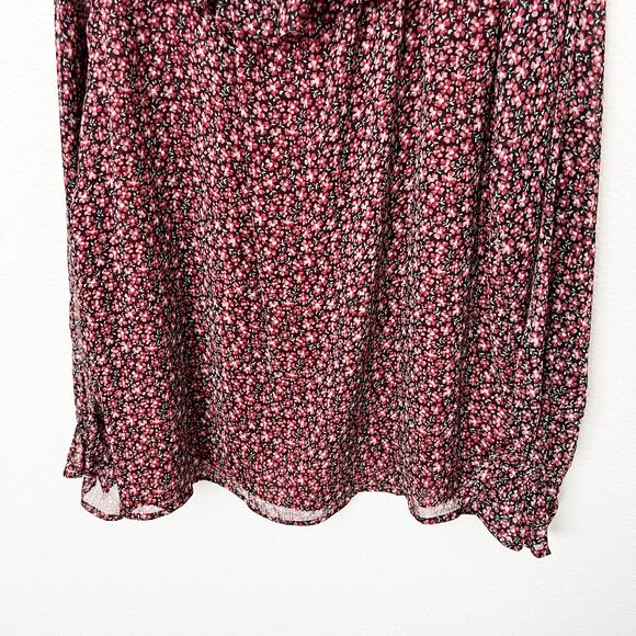 [LOFT] Red Black Floral Print Ruffle Neck Long Sleeve V-Neck Blouse Size Large L - Picture 6 of 11